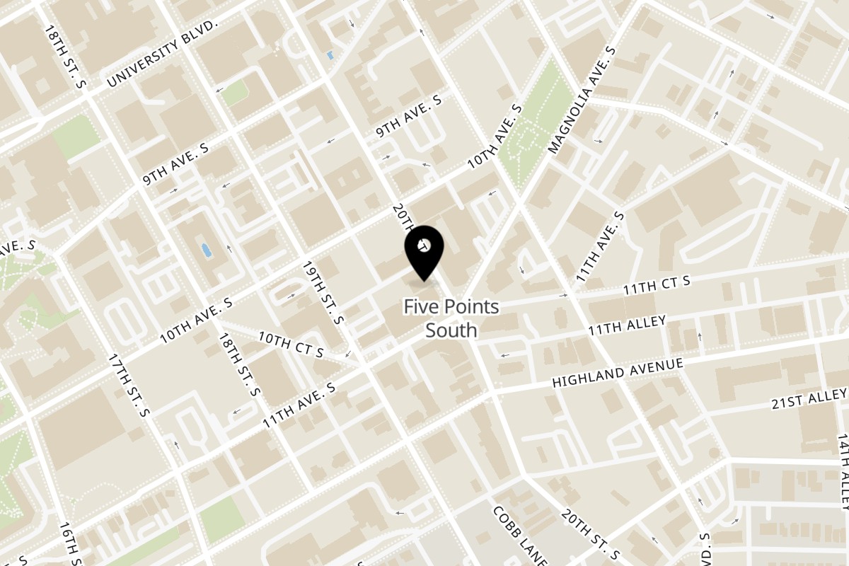 Map showing the location of Bay Leaf Modern Indian Cuisine & Bar - 5 Points on 1024 20th St S Unit 101 in Birmingham